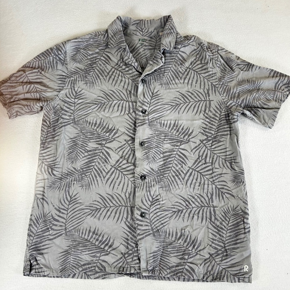 Right of Way Mens Grey Tropical Palm Leaf Rayon Short Sleeve Button Down Shirt M